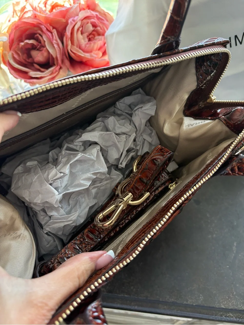 Brahmin Taupe Satchel with Brown Croc Trim and Green & Pink Embroidery
